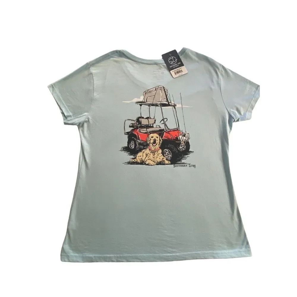 SOUTHERN LURE WOMENS XLARGE FISHING CART WITH DOG SKY BLUE VNECK TSHIRT